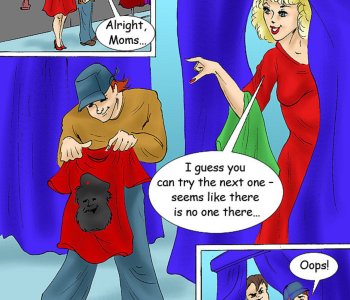 comic Kinky boy enjoys his moms boobs and wet hole in the fitting-room during shopping