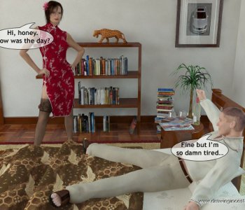 comic Scene in a bedroom mother seduces father, son seduces sister