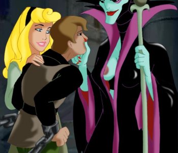 comic Aurora, evil witch Maleficent and prince Phillip in BDSM action