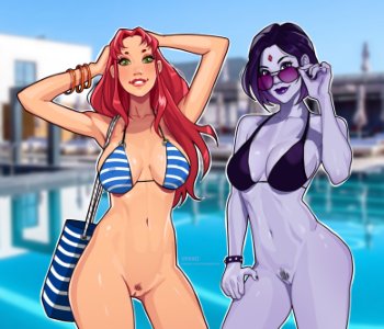 comic Raven and Starfire going to the Beach